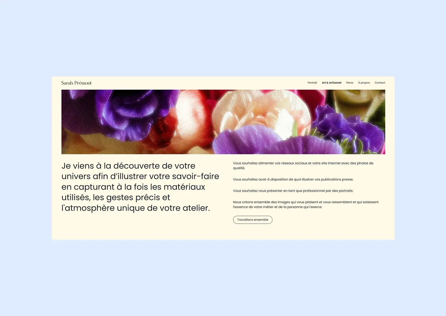 Mockup épuré de l'interface portfolio de Sarah Prémont