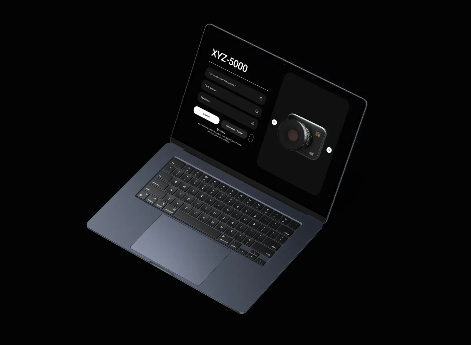 Mockup principal de l'interface Camera XYZ-5000 sur écran professionnel